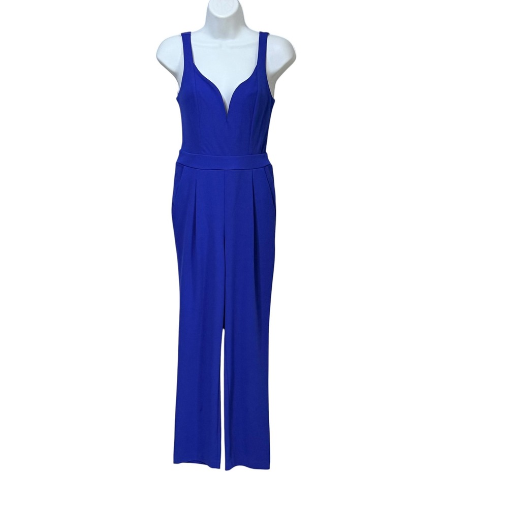 Express Royal Blue Deep V-Neck Sleeveless Straight Leg Jumpsuit Square Back